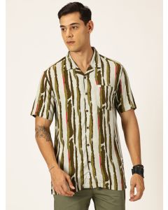 Olive Regular Fit Short Sleeves Striped Shirt