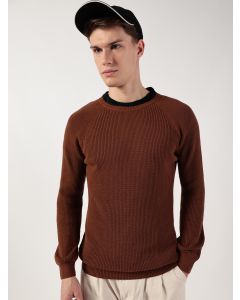 Brown Ribbed Self Design Round Neck Cotton Pullover Ribbed Sweater