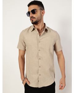 Beige Slim Fit Short Sleeves Textured Shirt