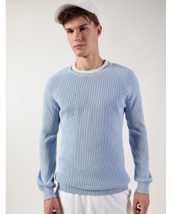 Sky Blue Ribbed Self Design Round Neck Cotton Pullover Ribbed Sweater