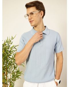 Sky Blue Regular Fit Short Sleeves Textured Tshirt