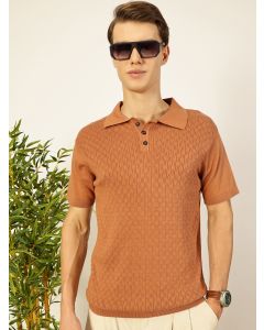 Brown Regular Fit Short Sleeves Textured Tshirt