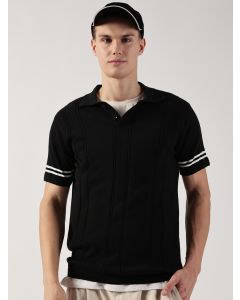 Black Regular Fit Short Sleeves Textured Tshirt