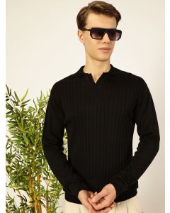 Black Regular Fit Long Sleeves Textured Tshirt