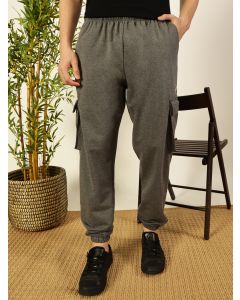 Grey Melange Relaxed Fit Mid Rise Solid Knitted Cargo Joggers