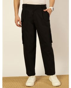 Black  Smart Loose Fit Mid-Rise Easy Wash Pleated Cargos Trousers