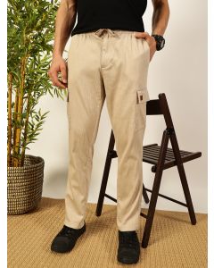 Dark Beige Mid-Rise Straight Fit Cotton Linen Woven Cargos Trouser