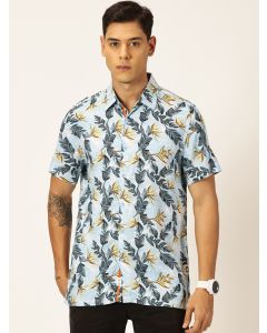 Navy Blue Regular Fit Short Sleeves Printed Shirt