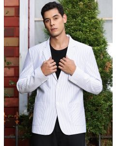 White Slim Fit Striped Notched Lapel Collar Single-Breasted Blazer