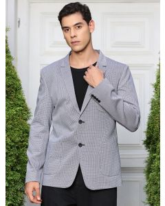 Navy Blue Self-Design Notched Lapel Collar Slim-Fit Casual Blazer