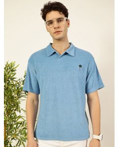 Blue  Solid Polo Collar Cotton Relaxed Fit T-Shirt