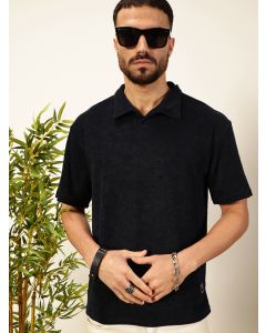 Navy Blue  Solid Polo Collar Cotton Relaxed Fit T-shirt