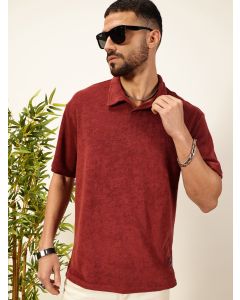 Red  Solid Polo Collar Cotton Relaxed Fit T-shirt