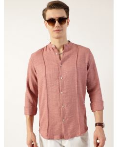 Peach Slim Fit Long Sleeves Mandarin Collar Textured Casual Shirt