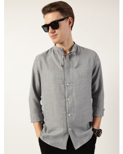 Grey  Classic Mandarin Collar Solid Slim Fit Casual Shirt