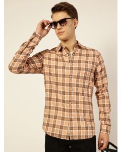 Peach  Premium Spread Collar Checked Linen Slim Fit Casual Shirt