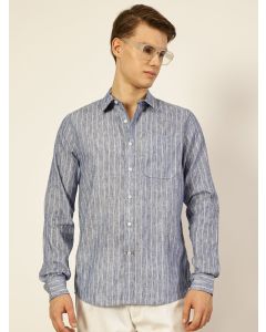 Blue  Premium Spread Collar Vertical Striped Linen Slim Fit Casual Shirt