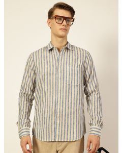 Royal Blue  Premium Spread Collar Vertical Striped Linen Slim Fit Casual Shirt