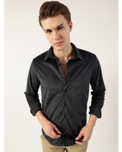 Dark Grey  Classic Spread Collar Textured Solid Slim Fit Casual Shirt