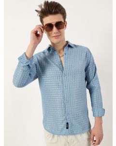 Blue  Premium Spread Collar Textured Slim Fit Casual Shirt