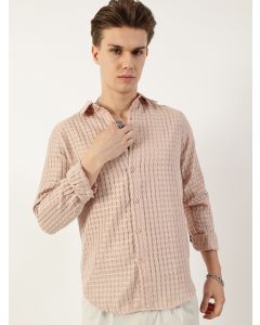 Pink  remium Spread Collar Textured Slim Fit Casual Shirt