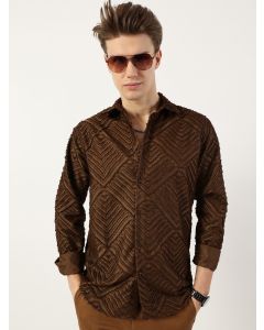 Brown Premium Spread Collar Textured Slim Fit Casual Shirt