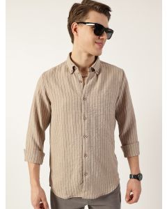 Beige Premium Spread Collar Vertical Striped Slim Fit Casual Shirt