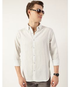 White Premium Spread Collar Vertical Striped Slim Fit Casual Shirt