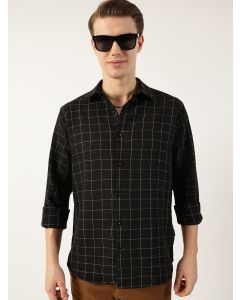 Black  Smart Spread Collar Windowpane Checked Slim Fit Casual Shirt
