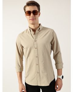 Beige Smart Button-Down Collar Textured Solid Slim Fit Casual Shirt