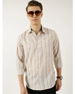 Khaki  Classic Spread Collar Vertical Striped Linen Slim Fit Casual Shirt