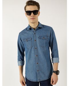 MidBlue Classic Spread Collar Faded Cotton Slim Fit Casual Shirt