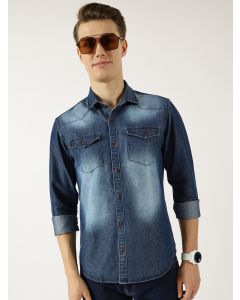 DarkBlue  Classic Spread Collar Faded Cotton Slim Fit Casual Shirt