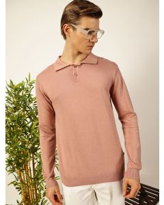 Pink  Knit Solid Polo Collar Cotton T-shirt