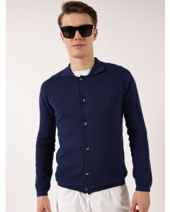 Navy  Shirt Collar Long Sleeves Cardigan
