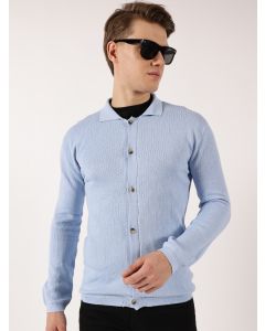 Sky Blue  Pure Cotton Ribbed Shirt Collar Cardigan Sweater