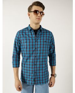 Teal  Classic Spread Collar Windowpane Checked Cotton Slim Fit Casual Shirt