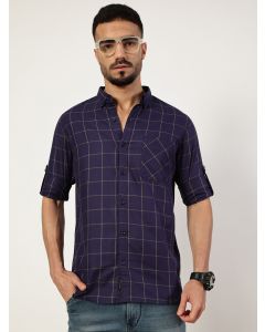 Navy Blue  Premium Slim Fit Opaque Checked Casual Shirt