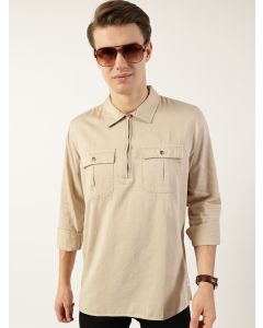 Beige  Classic Spread Collar Solid Cotton Casual Shirt