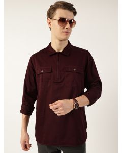 Wine  Classic Spread Collar Solid Cotton Casual Shirt