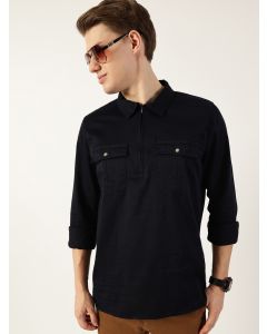 Navy  Classic Spread Collar Solid Cotton Casual Shirt