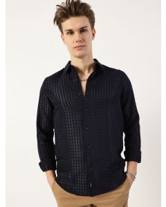 Navy Premium Spread Collar Textured Slim Fit Casual Shirt