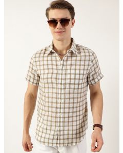 Brown  Premium Spread Collar Checked Linen Slim Fit Casual Shirt
