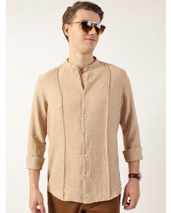 Beige Slim Fit Long Sleeves Mandarin Collar Textured Casual Shirt