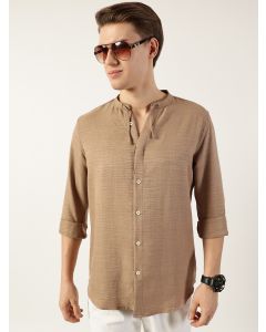 Beige  Classic Mandarin Collar Solid Slim Fit Casual Shirt