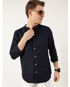 Navy  Classic Band Collar Textured Slim Fit Casual Shirt