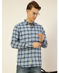 Blue  Premium Checked Linen Blend Slim Fit Casual Shirt