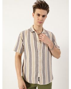 Beige  Premium Spread Collar Vertical Striped Cotton Oversized Casual Shirt