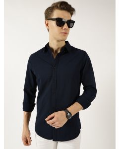 Navy  Classic Spread Collar Textured Solid Slim Fit Casual Shirt