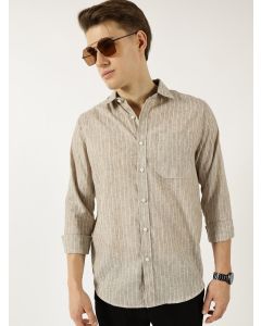 Khaki  Classic Slim Fit Opaque Striped Casual Shirt